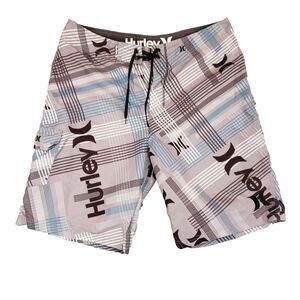 Hurley Board Shorts Mens 33 Gray Plaid Spellout AOP Skater 00s y2k‎ Surf